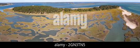 Kanäle schlängeln sich durch ein Salzgesumpf in Pleasant Bay, Cape Cod, Massachusetts. Diese Art von Feuchtgebiet Lebensraum ist lebenswichtige Futterplätze für Wildtiere. Stockfoto