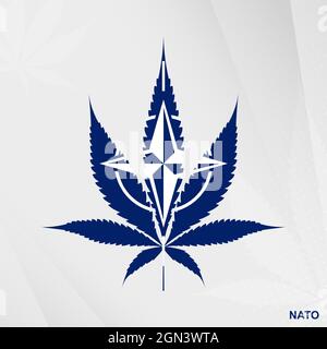 Flagge der NATO in Marihuana-Blattform. Das Konzept der Legalisierung Cannabis in der NATO. Illustration von medizinischem Cannabis. Stock Vektor