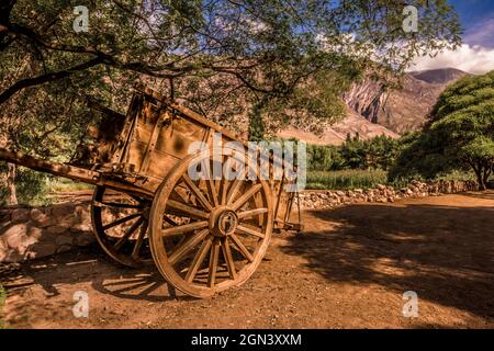 Großer und alter Pferdewagen in einer Berglandschaft in Jujuy, Argentinien. Quebrada de Humahuaca Stockfoto