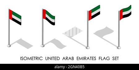 Isometrische Flagge der VEREINIGTEN ARABISCHEN EMIRATE in statischer Position und in Bewegung auf Fahnenmast. 3d-Vektor Stock Vektor