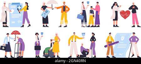 Menschen Gesundheit, leben und medizinische Versicherung Schutz der Dienstleistung. Lebensversicherung, Gesundheitsschutz Vektor Illustration Set. Gesundheitswesen und Stock Vektor