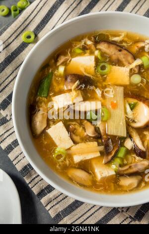Hausgemachte chinesische heiße und saure Suppe mit Tofu und Pilzen Stockfoto