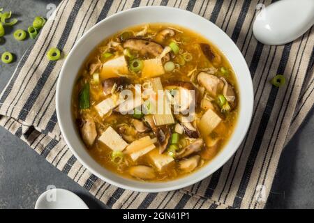 Hausgemachte chinesische heiße und saure Suppe mit Tofu und Pilzen Stockfoto