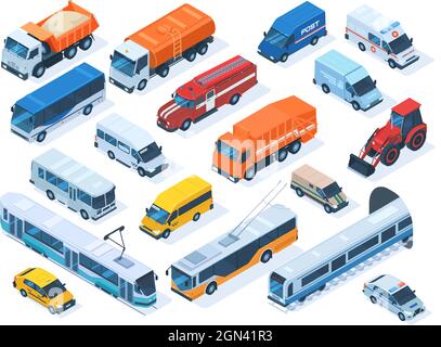 Isometrische öffentliche Dienste Transport, Taxi, Krankenwagen und Polizeiwagen. Stadtfahrzeuge, Feuerwehrauto, öffentlicher Bus, Bau-LKW-Vektor-Illustration Stock Vektor