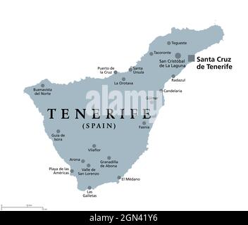 Insel Teneriffa, graue politische Landkarte, mit Hauptstadt Santa Cruz de Teneriffa. Die größte und bevölkerungsreichste Insel der Kanarischen Inseln, Spanien. Stockfoto