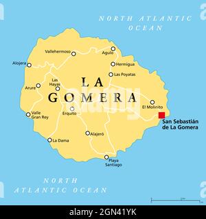 Insel La Gomera, politische Landkarte, mit der Hauptstadt San Sebastian de La Gomera. Eine der Kanarischen Inseln, eine Inselgruppe und autonome Gemeinschaft Spaniens. Stockfoto