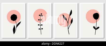 Abstrakte Elemente, minimalistisch einfache florale Elemente. Blätter und Blumen. Sammlung von Kunstplakaten in Pastellfarben. Design für soziale Netzwerke Stock Vektor