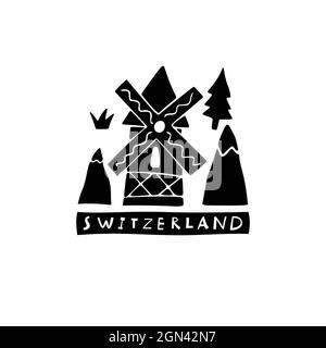 Vektor Handgezeichnete Symbole der Schweiz. Reiseabbildung. Schweizer Wahrzeichen-Logo Stock Vektor