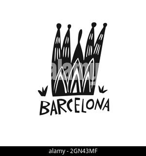 Vektor Handgezeichnetes Symbol von Spanien. Reisedarstellung von Barcelona. Handgezeichnete Schriftzüge. Spanisches Wahrzeichen-Logo Stock Vektor