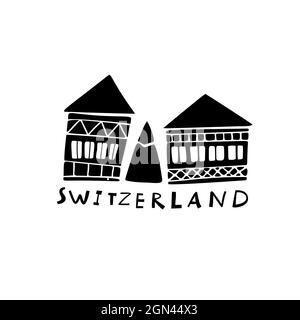 Vektor Handgezeichnete Symbole der Schweiz. Reiseabbildung. Schweizer Wahrzeichen-Logo Stock Vektor