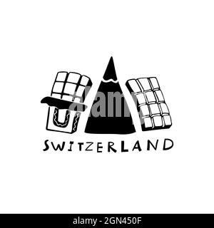 Vektor Handgezeichnete Symbole der Schweiz. Reiseabbildung. Schweizer Wahrzeichen-Logo Stock Vektor