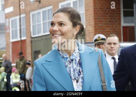 Die schwedische Kronprinzessin Victoria kommt am Mittwoch, 22. September 2021 in der Axtfabrik Wetterlings in Storvik, Schweden. Das Paar der Kronprinzessin ist auf einem eintägigen Besuch in Gavleborg. Foto: Johan Jeppsson / TT-Code 10730 Stockfoto