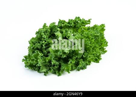 Kale Blatt Salat Gemüse isoliert auf weißem Hintergrund. Kreatives Layout aus Grünkohl-Nahaufnahme. Stockfoto