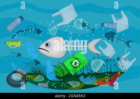 Poster mit Meeresverschmutzung mit Abfall im Meer, totes Meer, schmutziges Wasser, Fischknochen, Gesichtsmasken, Plastikflaschen und -Beutel. Vektorgrafik für Aktien Stock Vektor