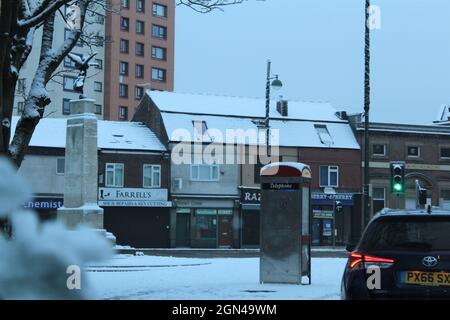 Schnee in Eccles, Greater Manchester. Stockfoto