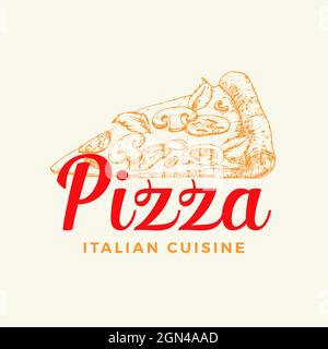 Italienische Küche abstrakte Vektor-Zeichen, Symbol oder Logo-Vorlage. Handgezeichnetes Pizzastück mit Typografie. Lebensmittelemblem. Isoliert Stock Vektor
