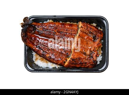 Unagi donburi, Unadon, japanischer Aal, gegrillt mit Reis in einer Schüssel, isoliert auf weißem Hintergrund Stockfoto