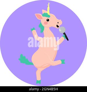 Nette Cartoon Einhorn Pferd Einhorn singen im Mikrofon. Vektor-Illustration der Fantasie glücklich Tier. Stock Vektor