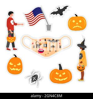 Vektor-Illustration Happy Halloween Party Sticker Set Kinder tragen festliche Kleidung Trick or Treat. Jack O'Lantern. Feiern. Kürbis Fledermaus Spider Fla Stock Vektor