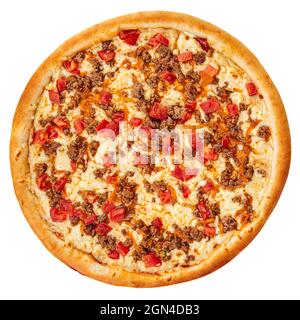 Isolierte Pizza mit Hackfleisch und Tomaten Stockfoto