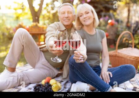 Prost. Ältere Ehepartner klirren Gläser mit Rotwein, Picknick und sitzen auf einer Decke im Garten, selektive Konzentration Stockfoto