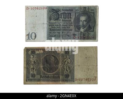 Banknoten für die Weimarer Republik zehn Reichsmark Stockfoto