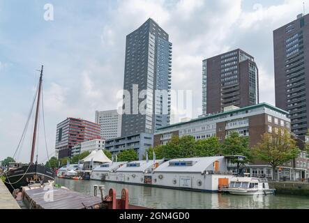 Rotterdam Niederlande - August 22 2021; hohe kommerzielle Hochhäuser stehen im Hintergrund zum Alten Hafen. Stockfoto