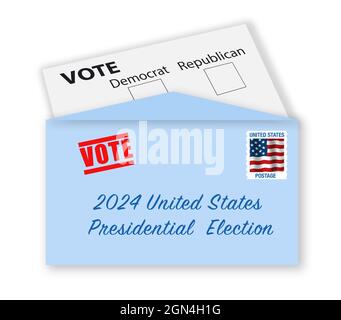 Abstimmung nach Briefkonzept. Präsidentschaftswahl in den USA 2024. Briefumschlag mit Stempel, Adresse und Stimmkarte mit Checkboxen der Demokraten und der Repubs Stockfoto