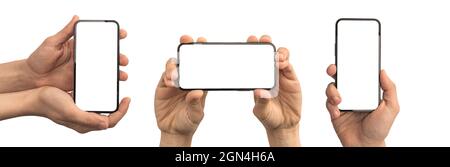 Set von Handy-Mockups in zwei rotierten perspektivischen Positionen, Hand mit Smartphone isoliert auf einem weißen Hintergrund Banner Stockfoto