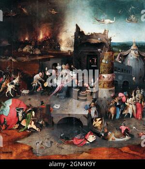 Die Versuchungen des heiligen Antonius von Hieronymus Bosch (um 1450-1516), Öl auf Eichenholzplatte, 15. Jahrhundert Stockfoto