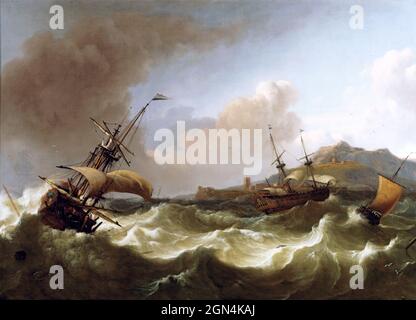 Schiffe auf stürmischer See des niederländischen Künstlers Ludolf Backhuysen ( Ludolf Bakhuizen : 1631-1708), Öl auf Leinwand, 1702 Stockfoto