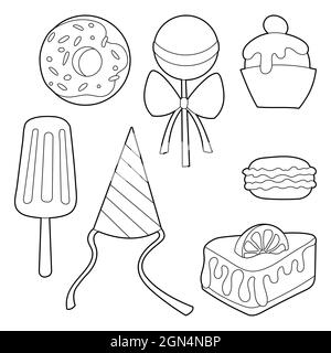 Süßigkeiten-Set. Cartoon lineart Illustration. Isoliert auf weißem Hintergrund. Stock Vektor