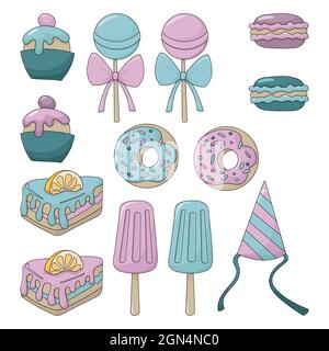 Süßigkeiten-Set. Bunte Cartoon-Illustration. Isoliert auf weißem Hintergrund. Stock Vektor