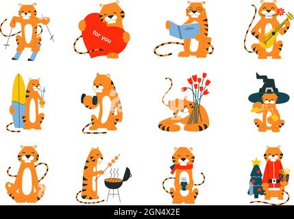 Cartoon Tiger Illustrationen. Frohes Neues Jahr 2022. Chinesisches Horoskop. Frohe Weihnachten. Vektorsatz isolierter Tiger. Clip Art von niedlichen Lächeln Stock Vektor