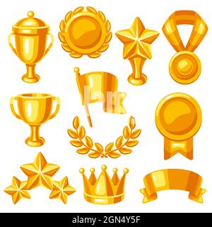 Symbole für Auszeichnungen und Trophäen. Belohnen Sie Gegenstände bei Sport- oder Unternehmenswettbewerben. Stock Vektor