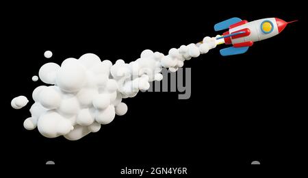 3d Cartoon Rakete fliegen mit Jet Rauch und Flamme Stockfoto