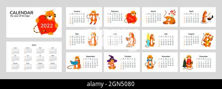 Horizontaler Kalender 2022. Frohes Neues Jahr 2022. Frohe Weihnachten. Tiger-Jahr. Chinesisches Horoskop. Vektor-isolierte Tiger. Niedliche lächelnde Comic-Figuren Stock Vektor