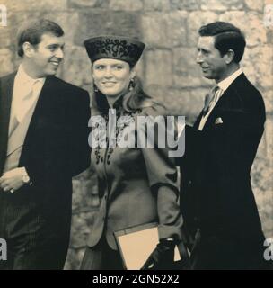Die britische Herzogin von York Sarah Fergusson mit dem Herzog von York und Prinz Charles von England,,1989 Stockfoto