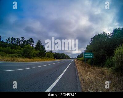 Blick auf die von Gras, Pflanzen und Bäumen umgebene Autobahn und das Straßenschild an einem düsteren Tag Stockfoto