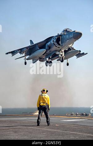 Arabisches Meer, Auf See. 21. September 2021. Ein Seemann der US-Marine beobachtet, wie ein Marine Corps AV-8B Harrier-Kampfflugzeug, das an das Marine Attack Squadron 214 angeschlossen ist, auf dem Flugdeck des amphibischen Sturmschiffs USS Essex der Wasp-Klasse am 21. September 2021 im Arabischen Meer landet. Kredit: MC2 Jenna Dobson/U.S. Navy/Alamy Live News Stockfoto