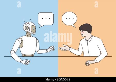 Künstliche Intelligenz und Technologien Konzept. Junger lächelnder Mann Entwickler sitzen Chat mit Roboter machen Forschung Vektor Illustration Stock Vektor