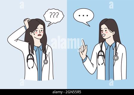 Medizinisches Personal, das verschiedene Emotionen Konzept zum Ausdruck bringt. Junge Frau Arzt Zeichentrickfigur stehen Ausdruck Frustration und sagen etwas Vektor Illustration Stock Vektor