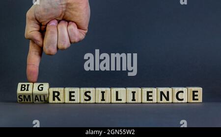 Großes oder kleines Resilienz-Symbol. Geschäftsmann dreht Holzwürfel, ändert Worte kleine Widerstandsfähigkeit zu große Widerstandsfähigkeit. Schöner grauer Hintergrund, Kopie SPAC Stockfoto