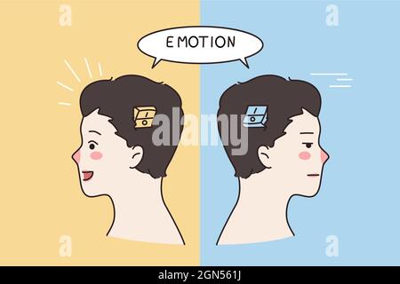 Konzept der emotionalen Intelligenz und Emotionen. Menschliche Kopfsilhouette mit Emotion auf oder aus innen mit verschiedenen Gesichtsausdrücke Vektordarstellung Stock Vektor