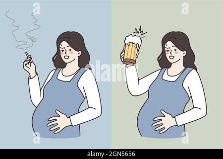 Schlechte Gewohnheiten während der Schwangerschaft Konzept. Junge Schwangerin steht umarmt Bauch rauchen Zigarette und trinken Bier leben ungesunde Leben Vektor-Illustration Stock Vektor