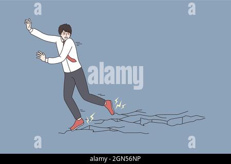 Business Challenge, Krise und Panikkonzept. Schockiert ängstlich Geschäftsmann zu Fuß auf Eis zu brechen Gefühl, seine Ziele und Ziele über Vektor-Illustration Stock Vektor