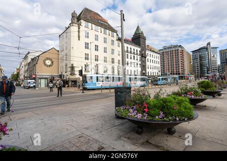 Oslo, Norwegen. September 2021.der Panoramablick auf das Karl Johans Tor im Stadtzentrum Stockfoto