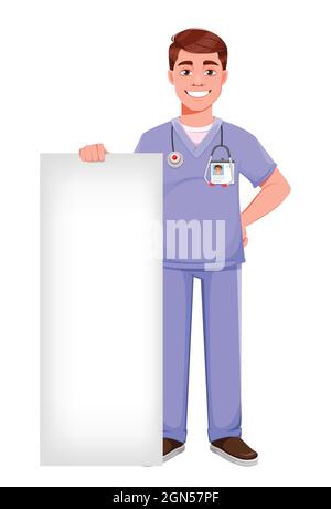 Schöner Arzt in professioneller Uniform. Männlicher Arzt, der in der Nähe des großen leeren Banners steht. Vektorgrafik auf weißem Hintergrund Stock Vektor