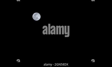 Der Mond auf schwarzem Hintergrund, ein astronomischer Körper, der den Planeten Erde umkreist. Vollmond, der nachts am Himmel leuchtet Stockfoto