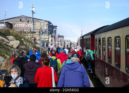 Schierke, Deutschland. September 2021. An der Endhaltestelle laufen Touristen am Brocken entlang, neben einem Zug der Harzer Schmalspurbahn HSB. Quelle: Robert Michael/dpa-Zentralbild/dpa/Alamy Live News Stockfoto